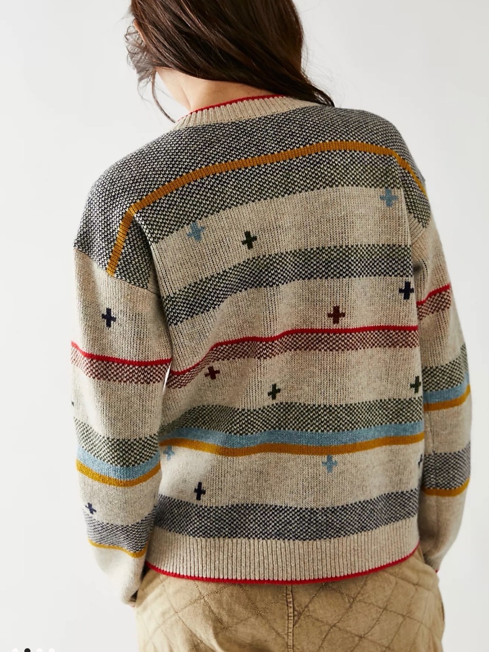 Pendleton Free People Beige Crewneck Sweater with Red Trim and Multi-Stripes - Picture 4 of 8